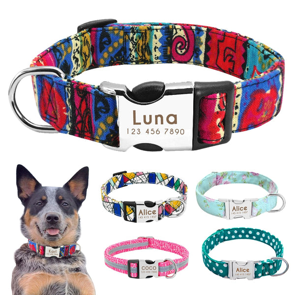 Nylon Custom Engraved Dog Collar w/ Reflective Nameplate - Polly's Pet Products